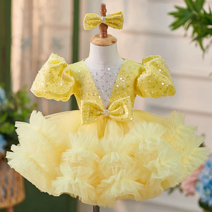 TinyTulle Puff Sleeves Sequin Tulle Ball Gown Baby Girl Dress
