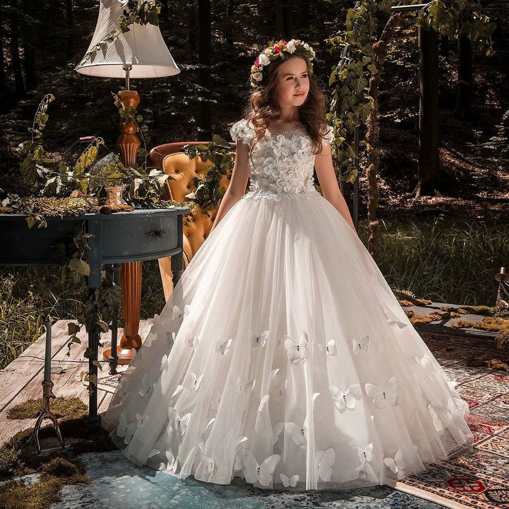 TinyTulle White Princess Tulle Flower Girl Dress with 3D Floral Butterflies