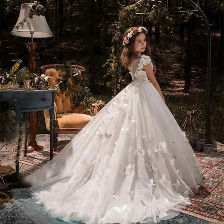 TinyTulle White Princess Tulle Flower Girl Dress with 3D Floral Butterflies