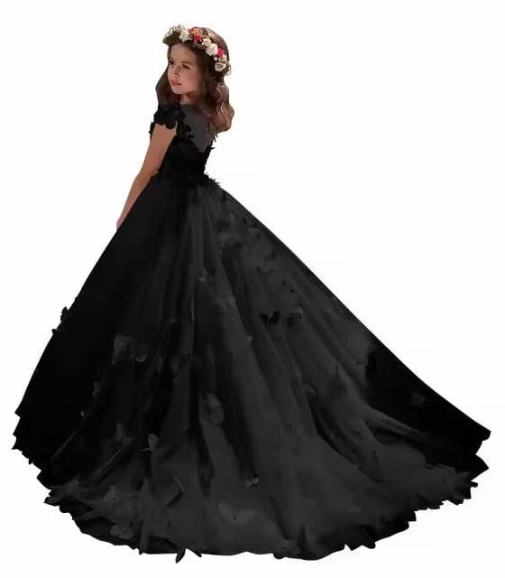 TinyTulle White Princess Tulle Flower Girl Dress with 3D Floral Butterflies