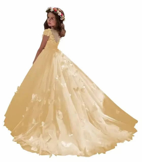 TinyTulle White Princess Tulle Flower Girl Dress with 3D Floral Butterflies