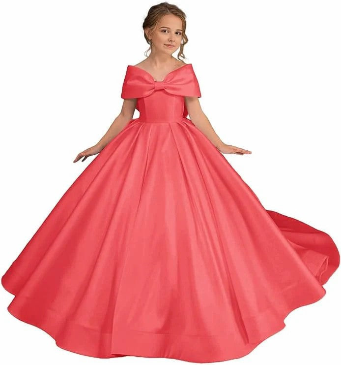 TinyTulle White Satin Off Shoulder Long Flower Girl Dress with Oversized Bow