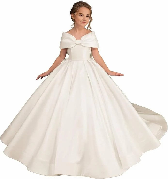 TinyTulle White Satin Off Shoulder Long Flower Girl Dress with Oversized Bow