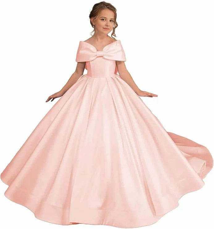TinyTulle White Satin Off Shoulder Long Flower Girl Dress with Oversized Bow