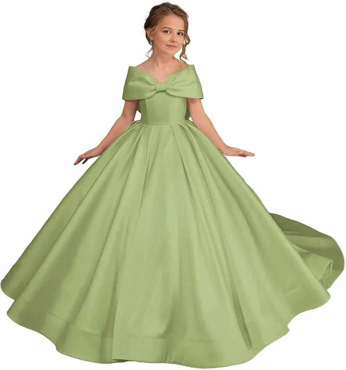 TinyTulle White Satin Off Shoulder Long Flower Girl Dress with Oversized Bow
