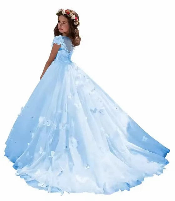 TinyTulle White Princess Tulle Flower Girl Dress with 3D Floral Butterflies