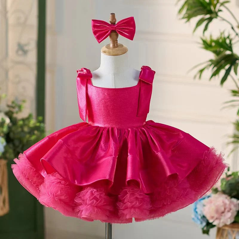 TinyTulle Satin Bow-Shoulder Sleeveless Tulle Knee-Length Flower Girl Tutu Dress