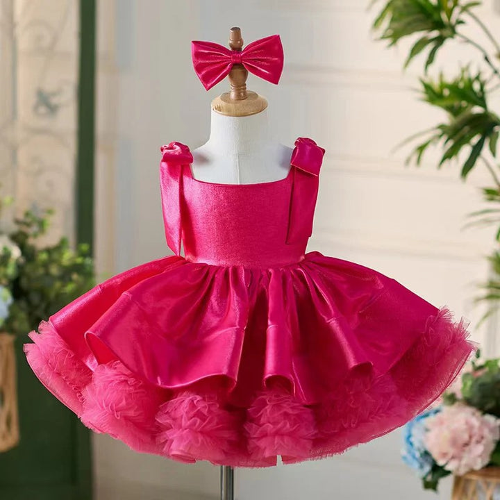TinyTulle Satin Bow-Shoulder Sleeveless Tulle Knee-Length Flower Girl Tutu Dress
