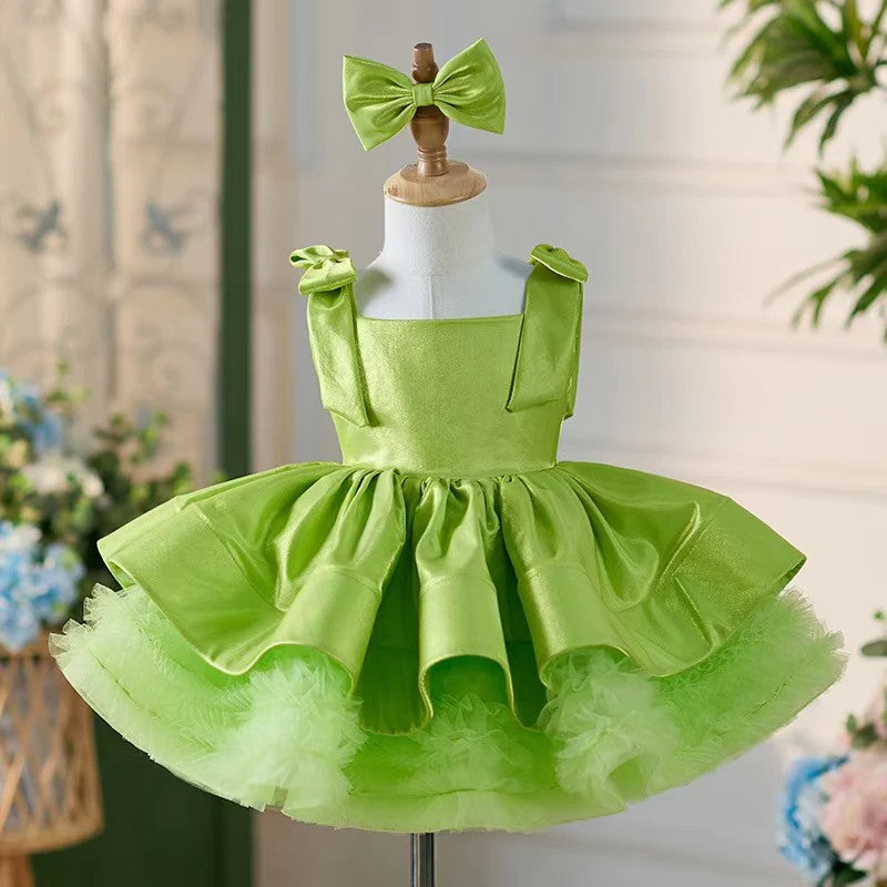 TinyTulle Satin Bow-Shoulder Sleeveless Tulle Knee-Length Flower Girl Tutu Dress