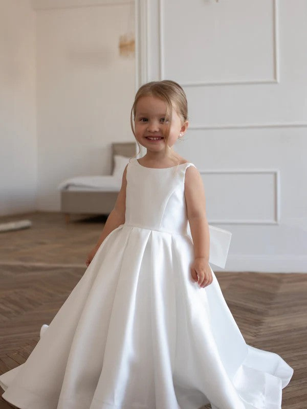 TinyTulle Elegant Satin Sleeveless Wedding Flower Girl Dress with Bow