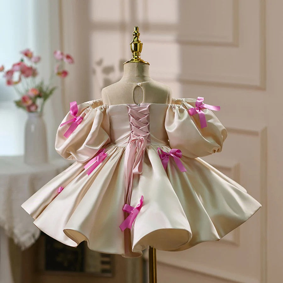 TinyTulle Ivory Satin Puff Sleeve Flower Girl Dress with Pink Bow Accents
