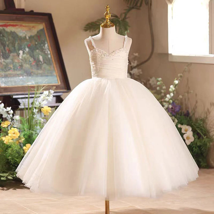 SunnyPetal Elegant Ivory Beaded Flower Girl Dress with Spaghetti Straps