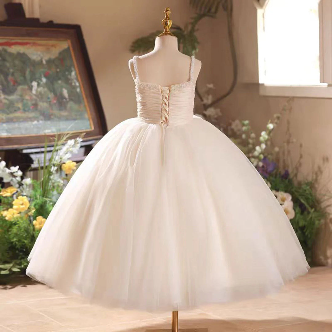 SunnyPetal Elegant Ivory Beaded Flower Girl Dress with Spaghetti Straps