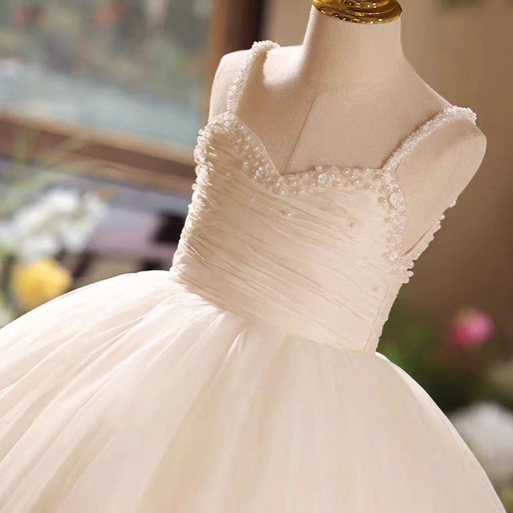 SunnyPetal Elegant Ivory Beaded Flower Girl Dress with Spaghetti Straps