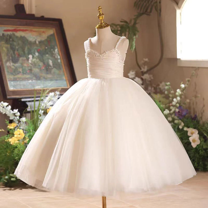 SunnyPetal Elegant Ivory Beaded Flower Girl Dress with Spaghetti Straps