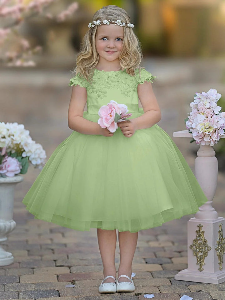 TinyTulle White Satin Tulle Tea-Length Flower Girl Dress for First Communion &amp; Wedding