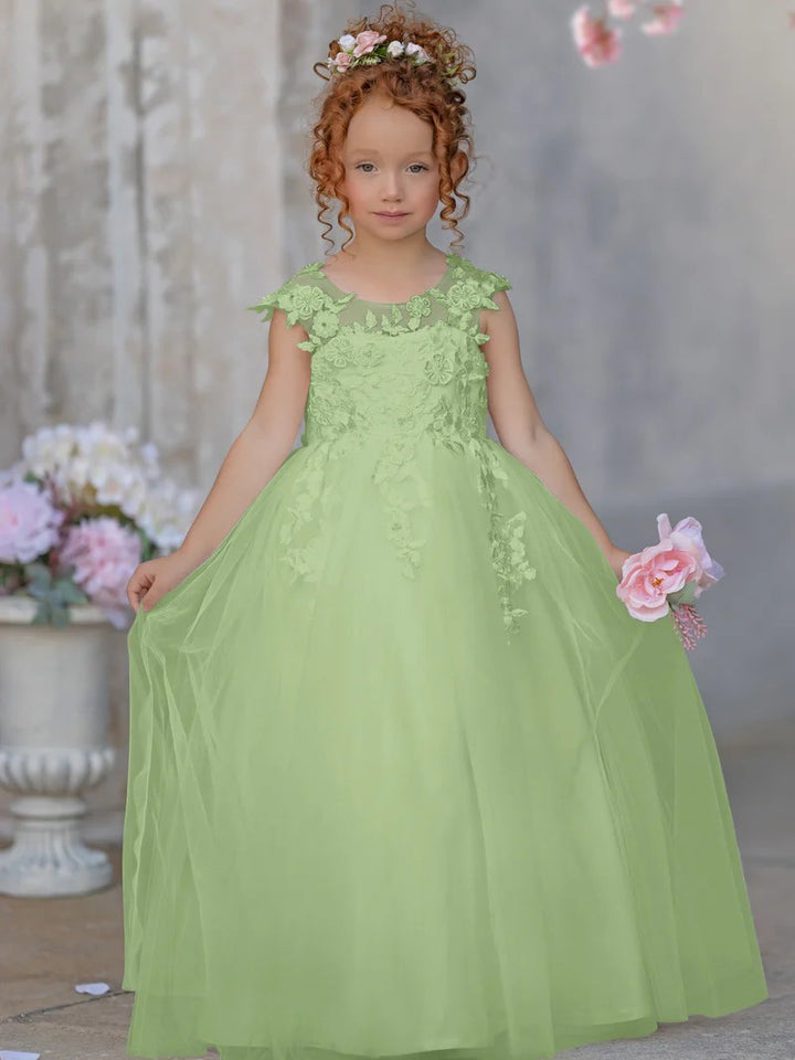 TinyTulle Elegant Sleeveless Floral Appliqué Tulle Floor-Length Flower Girl Dress