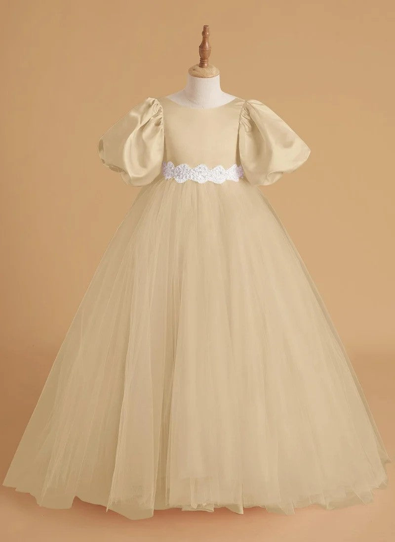 TinyTulle Elegant Satin &amp; Tulle Puff Sleeve Ball Gown with Beaded Waistband for First Communion &amp; Weddings