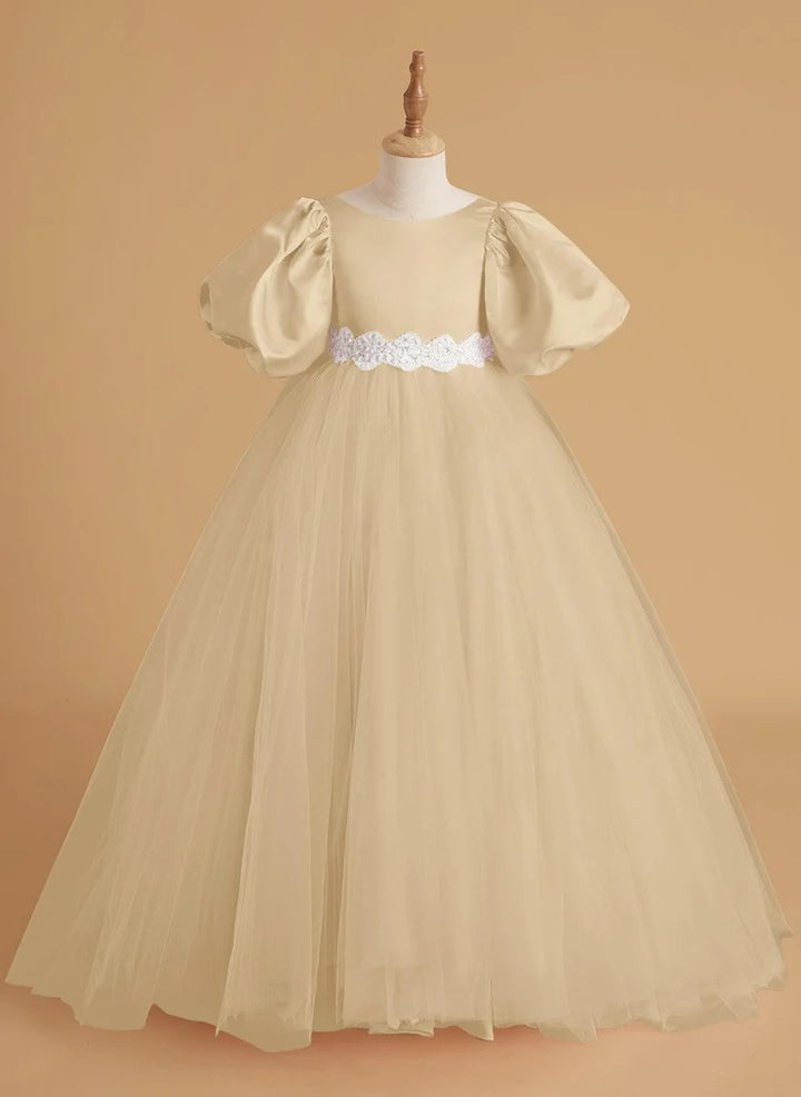 TinyTulle Elegant Satin &amp; Tulle Puff Sleeve Ball Gown with Beaded Waistband for First Communion &amp; Weddings