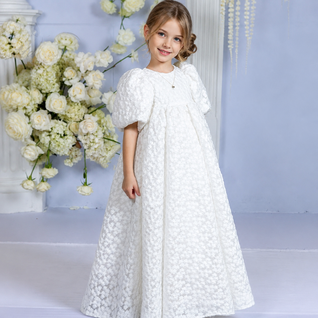 TinyTulle Vintage Lace Puff Sleeve High Waist Flower Girl Dress for Fi
