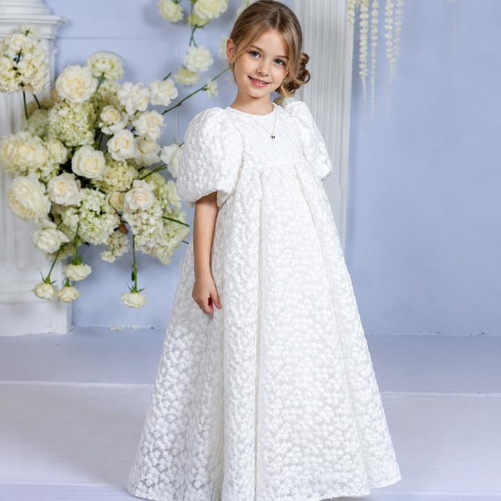 TinyTulle Vintage Lace Puff Sleeve High Waist Flower Girl Dress for First Communion &amp; Wedding