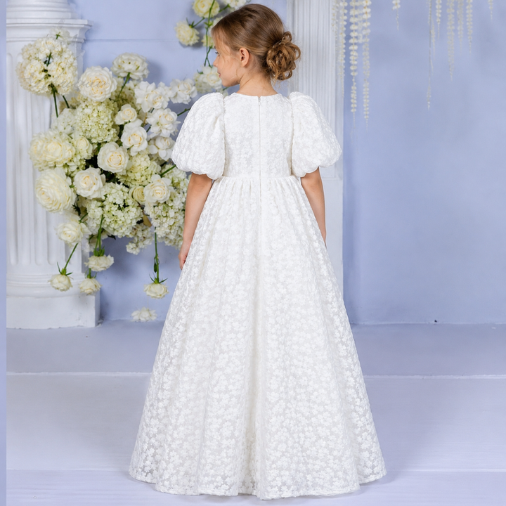 TinyTulle Vintage Lace Puff Sleeve High Waist Flower Girl Dress for First Communion &amp; Wedding