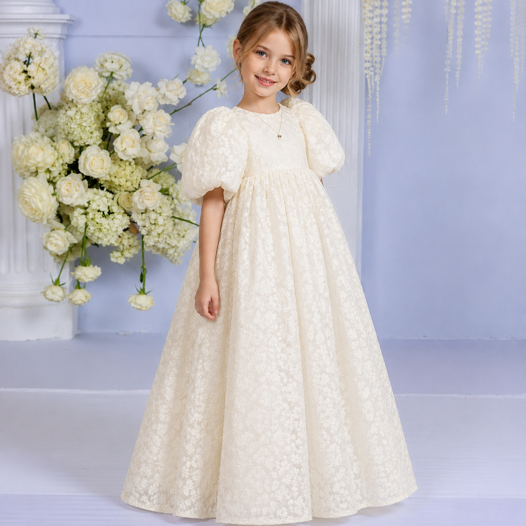 TinyTulle Vintage Lace Puff Sleeve High Waist Flower Girl Dress for First Communion &amp; Wedding
