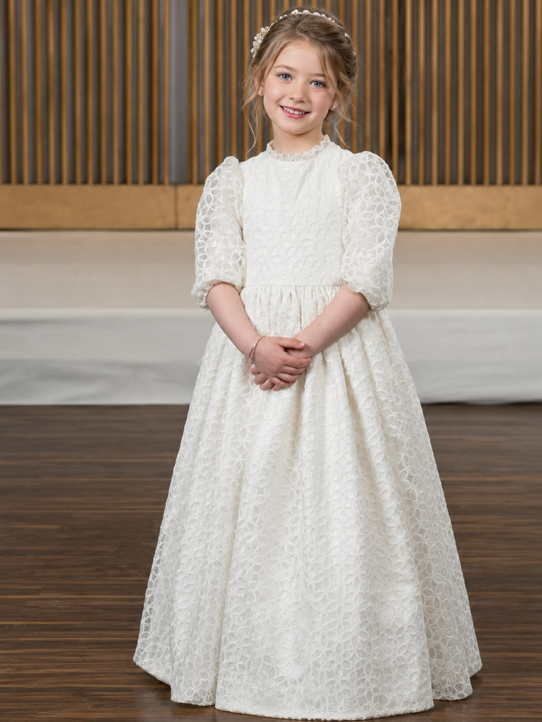 TinyTulle Classic White Lace Puff Sleeve Flower Girl Dress for Wedding &amp; First Communion