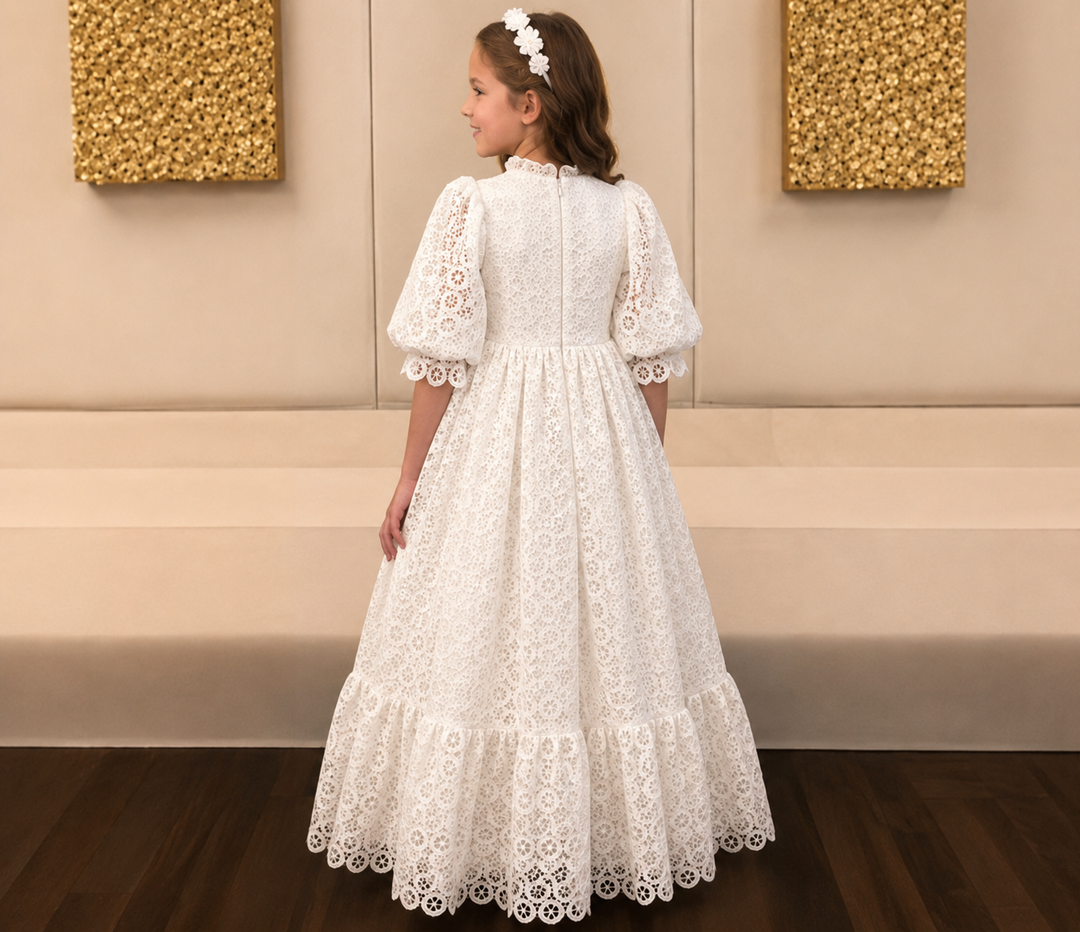 TinyTulle Vintage White Floral Lace High Neck Puff Sleeve Flower Girl Dress with Ruffle Hem