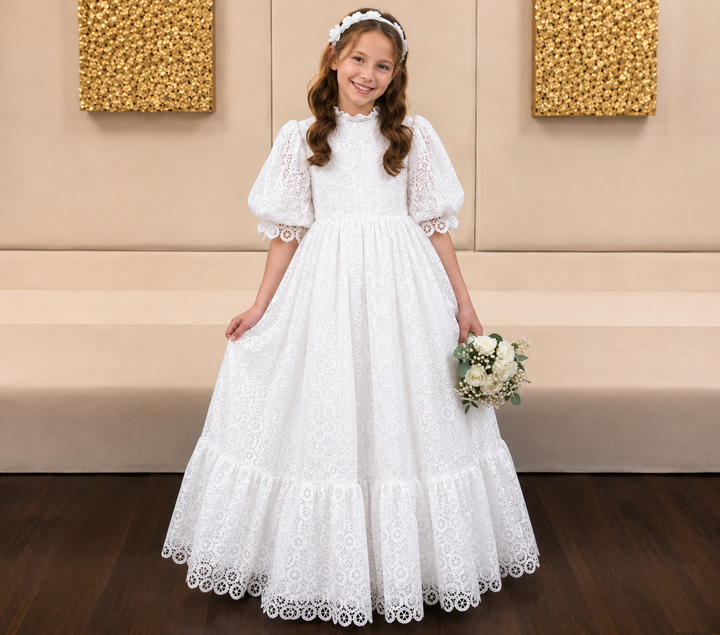 TinyTulle Vintage White Floral Lace High Neck Puff Sleeve Flower Girl Dress with Ruffle Hem
