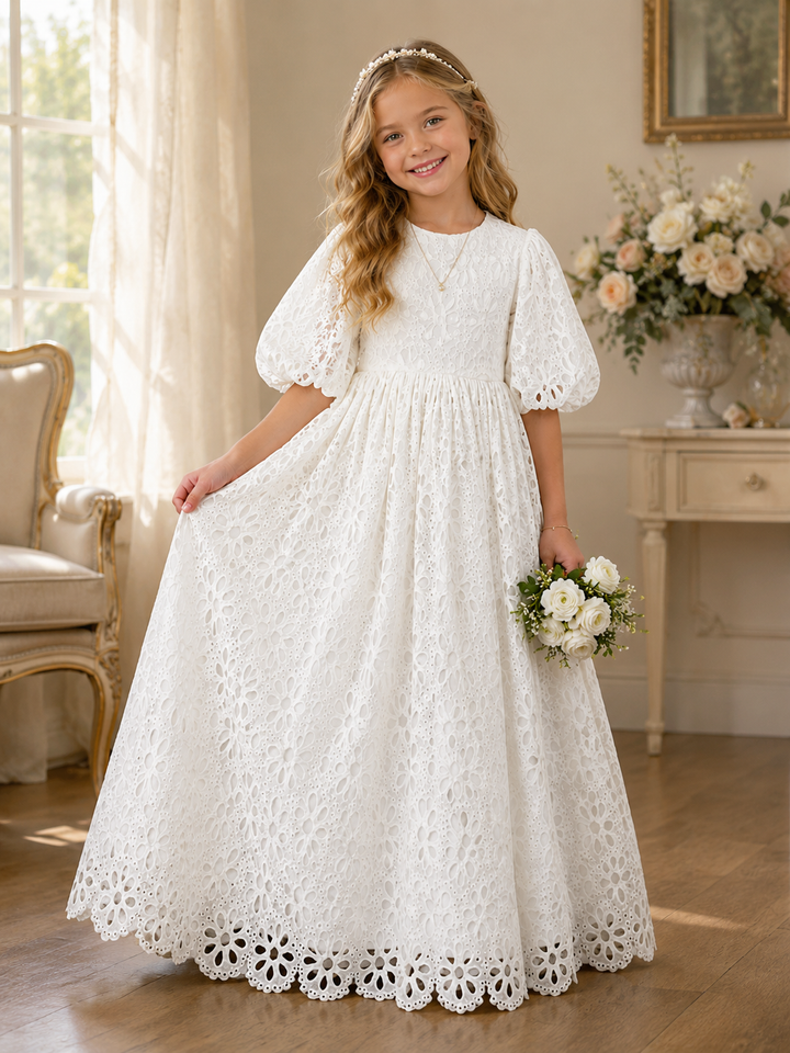 TinyTulle Elegant Floral Lace Puff Sleeve Flower Girl Dress for Wedding &amp; First Communion