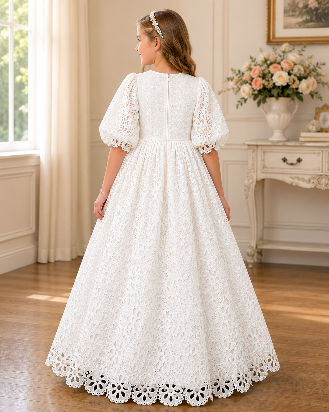 TinyTulle Elegant Floral Lace Puff Sleeve Flower Girl Dress for Wedding &amp; First Communion