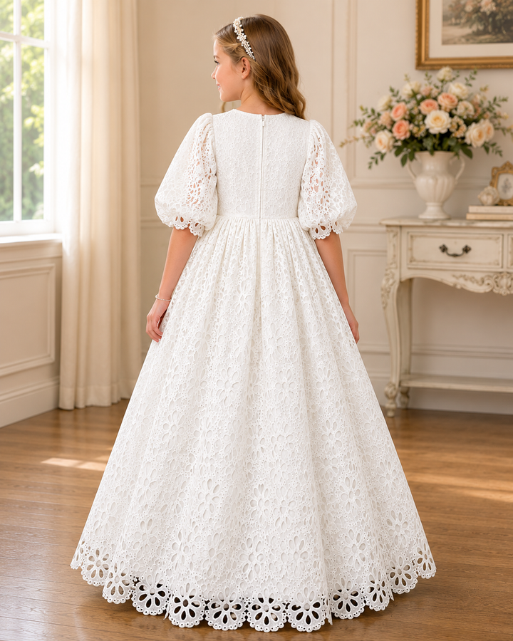 TinyTulle Elegant Floral Lace Puff Sleeve Flower Girl Dress for Wedding &amp; First Communion