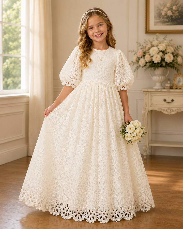 TinyTulle Elegant Floral Lace Puff Sleeve Flower Girl Dress for Wedding &amp; First Communion