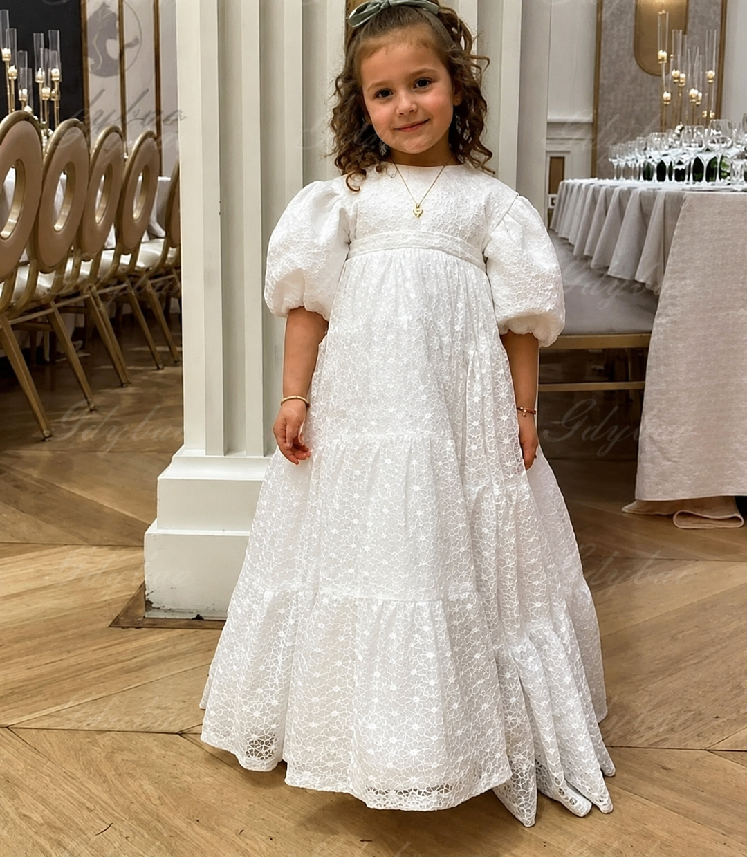 TinyTulle Elegant White Lace Puff Sleeve High Waist Flower Girl Dress for Wedding