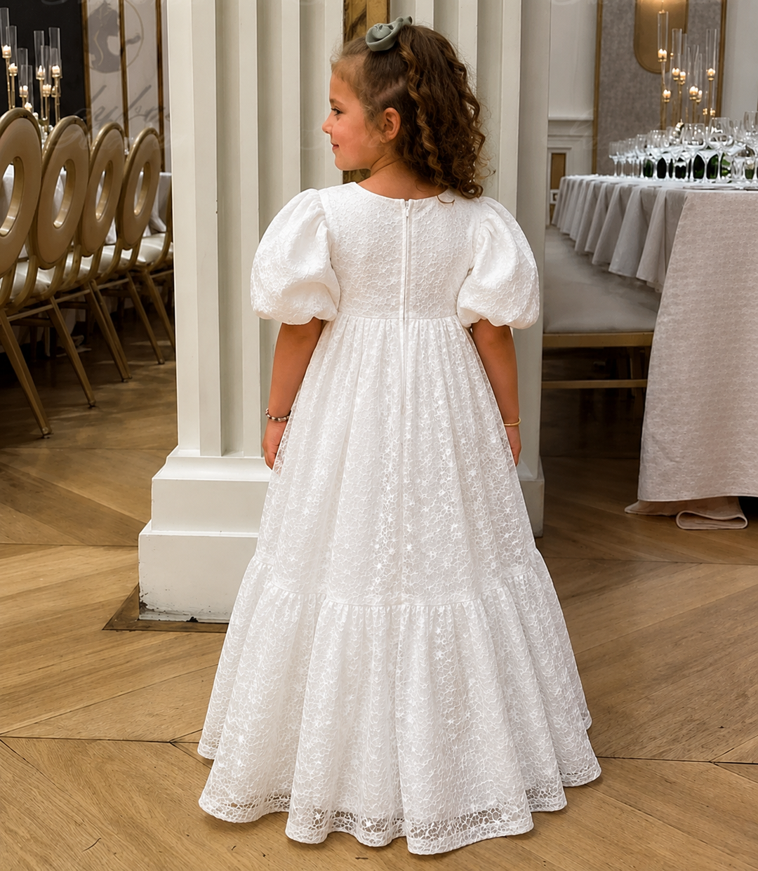 TinyTulle Elegant White Lace Puff Sleeve High Waist Flower Girl Dress for Wedding