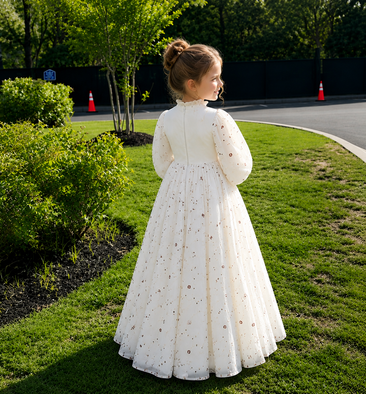 TinyTulle Ivory Floral Embroidered Puff Sleeve High Waist Flower Girl Dress for Wedding