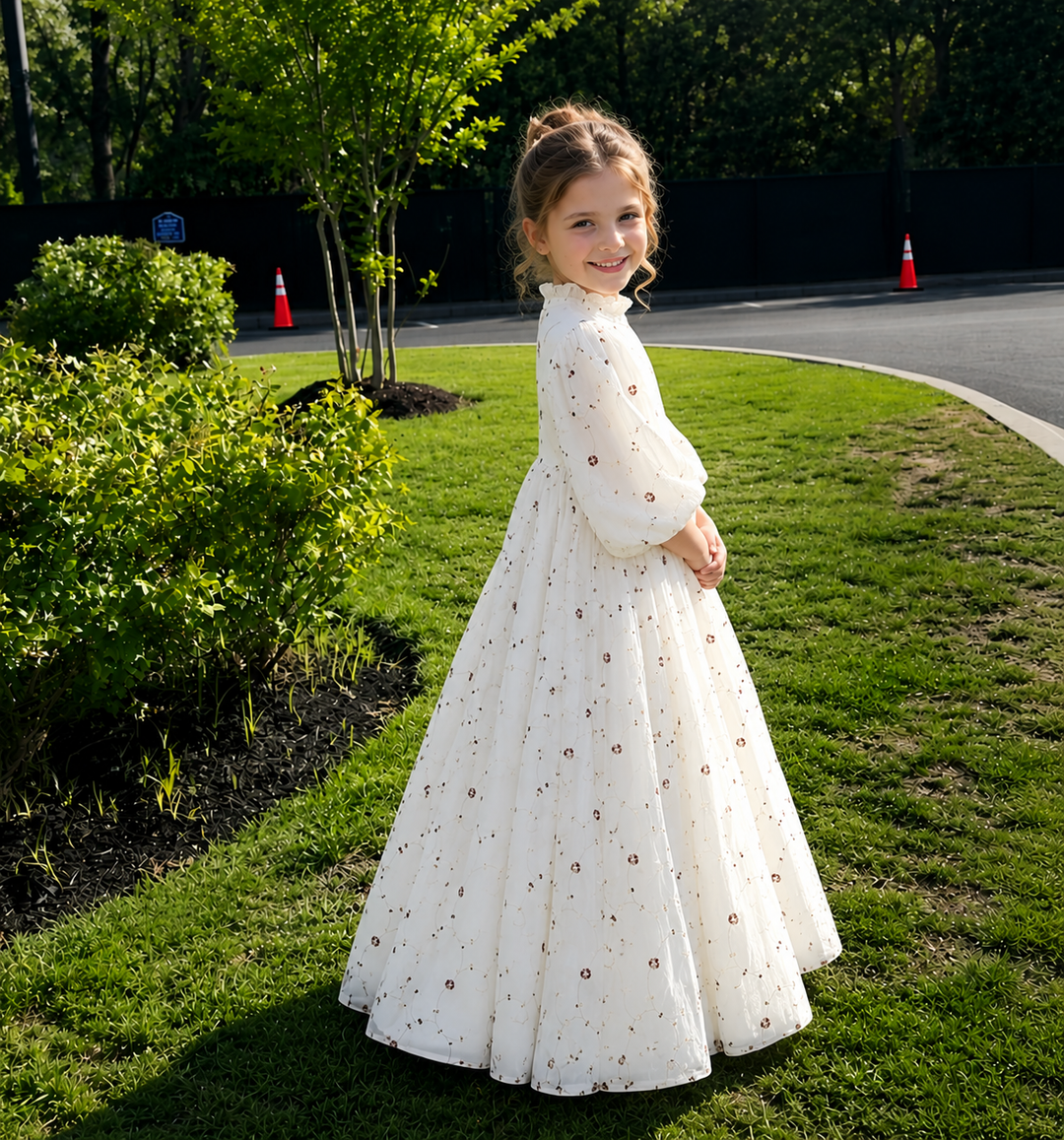 TinyTulle Ivory Floral Embroidered Puff Sleeve High Waist Flower Girl Dress for Wedding