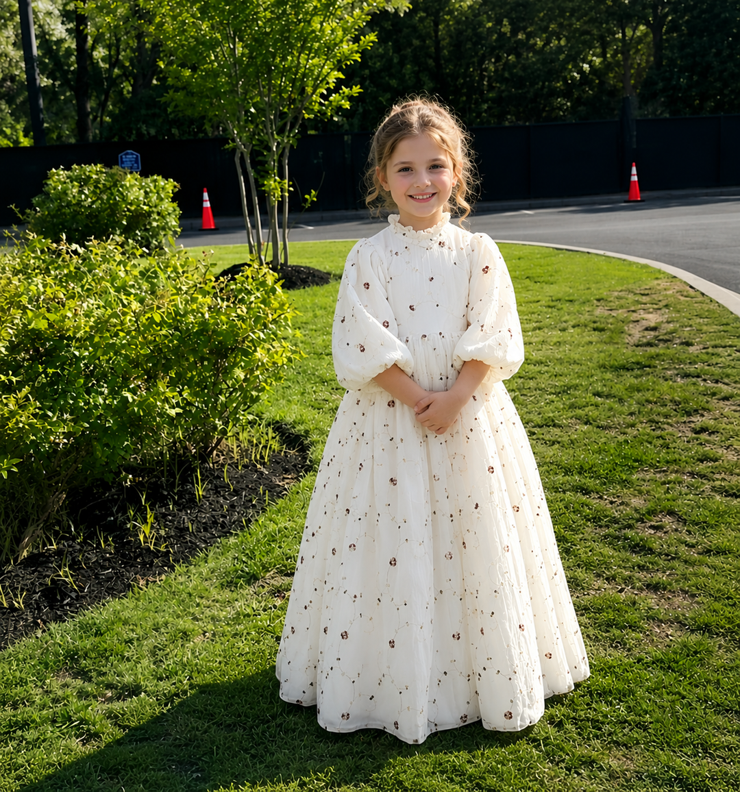 TinyTulle Ivory Floral Embroidered Puff Sleeve High Waist Flower Girl Dress for Wedding