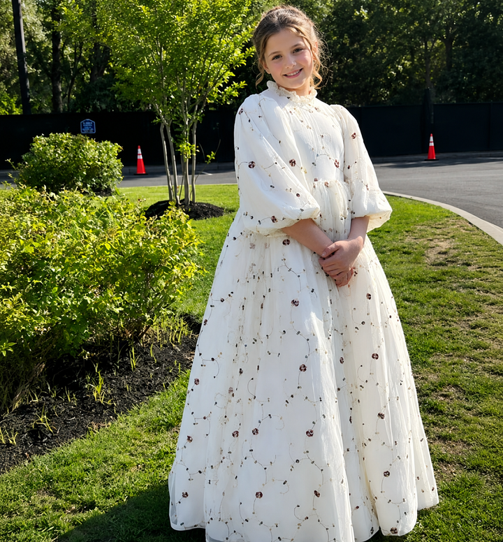 TinyTulle Ivory Floral Embroidered Puff Sleeve High Waist Flower Girl Dress for Wedding