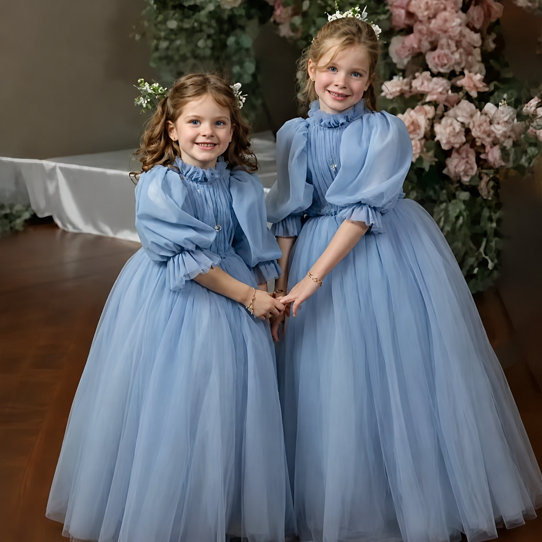 TinyTulle Elegant Blue Puff Sleeve Tulle Flower Girl Dress with High Neck &amp; Princess Skirt