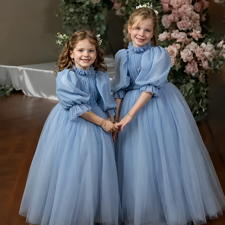 TinyTulle Elegant Blue Puff Sleeve Tulle Flower Girl Dress with High Neck &amp; Princess Skirt