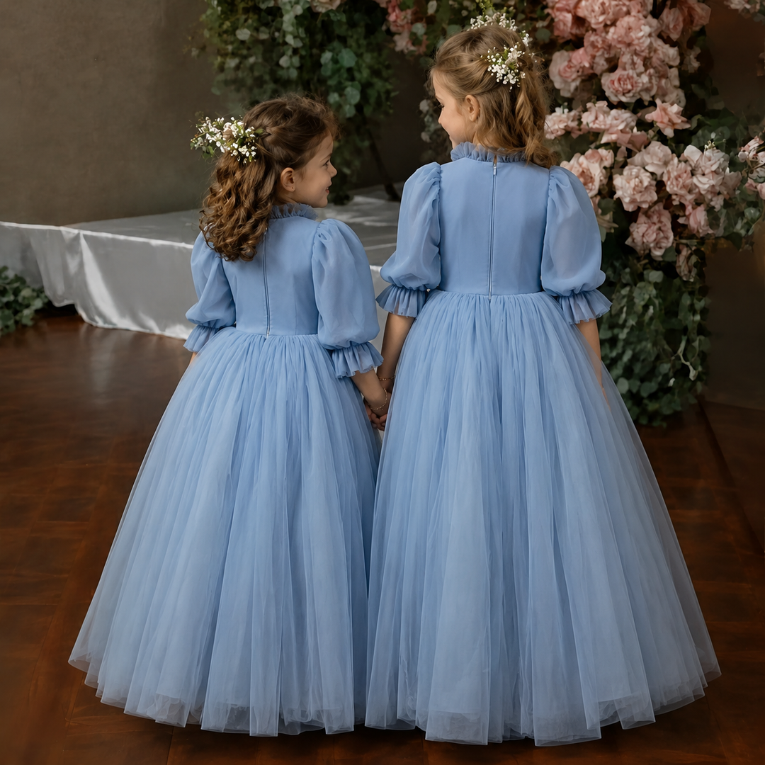 TinyTulle Elegant Blue Puff Sleeve Tulle Flower Girl Dress with High Neck &amp; Princess Skirt