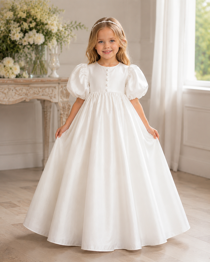 TinyTulle Elegant White Satin Puff Sleeve Flower Girl Dress with Princess Ball Gown Skirt