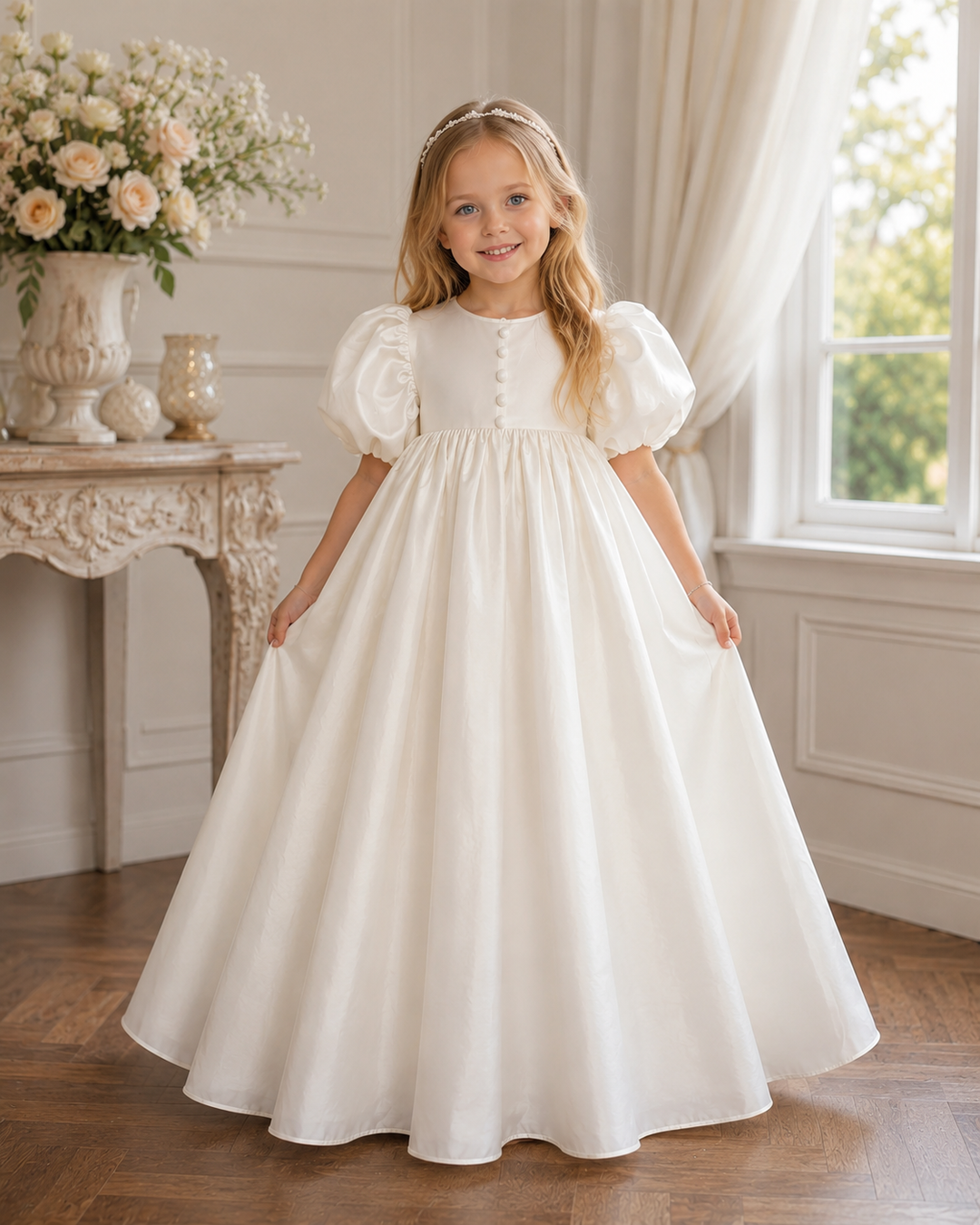 TinyTulle Elegant White Satin Puff Sleeve Flower Girl Dress with Princess Ball Gown Skirt