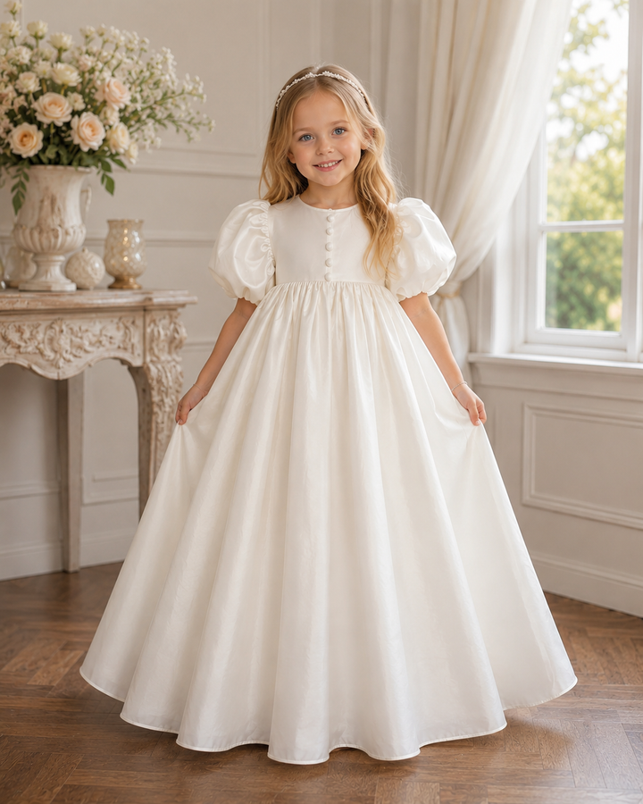TinyTulle Elegant White Satin Puff Sleeve Flower Girl Dress with Princess Ball Gown Skirt