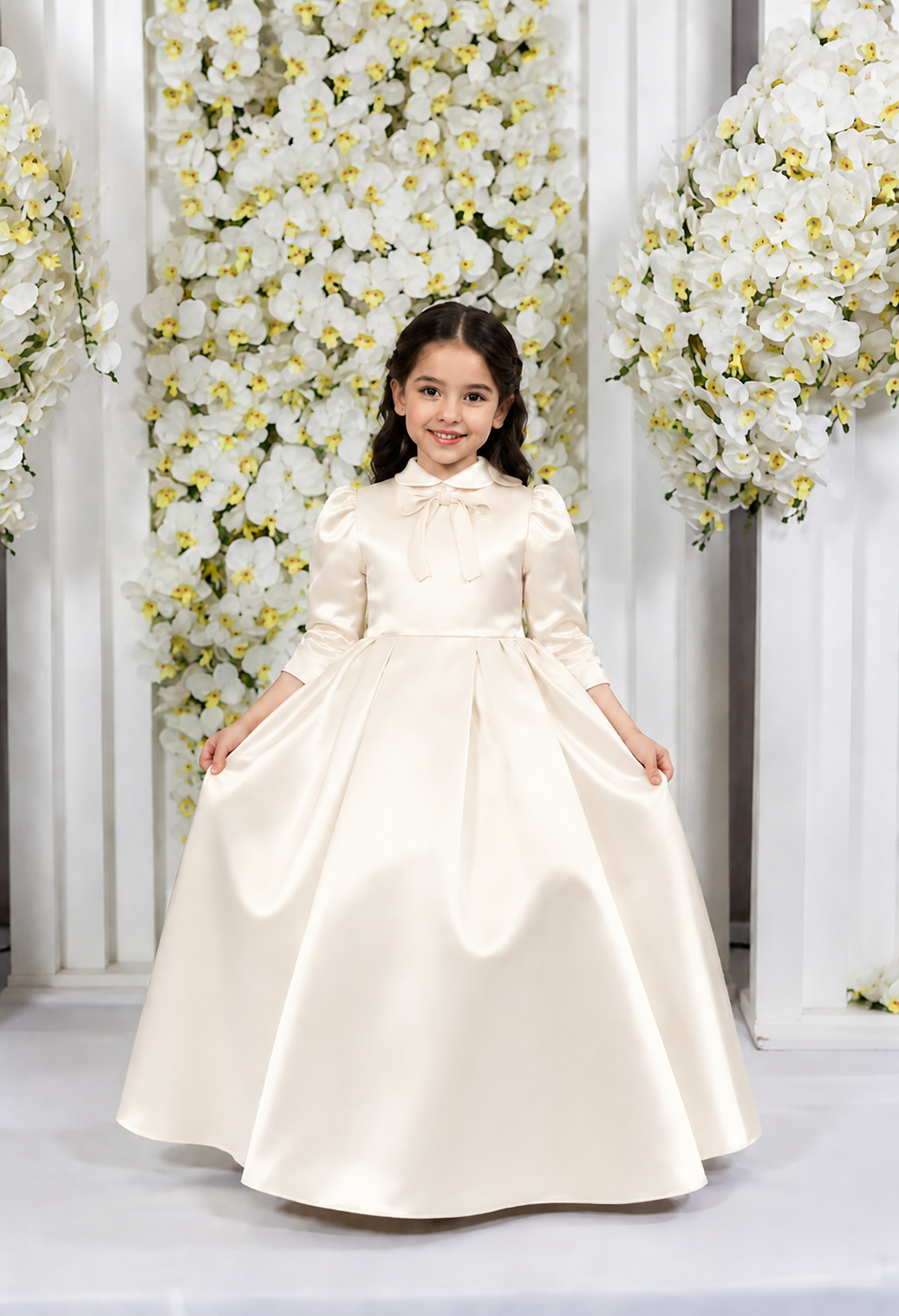 TinyTulle Elegant Champagne Satin Princess Flower Girl Dress with Bow Back