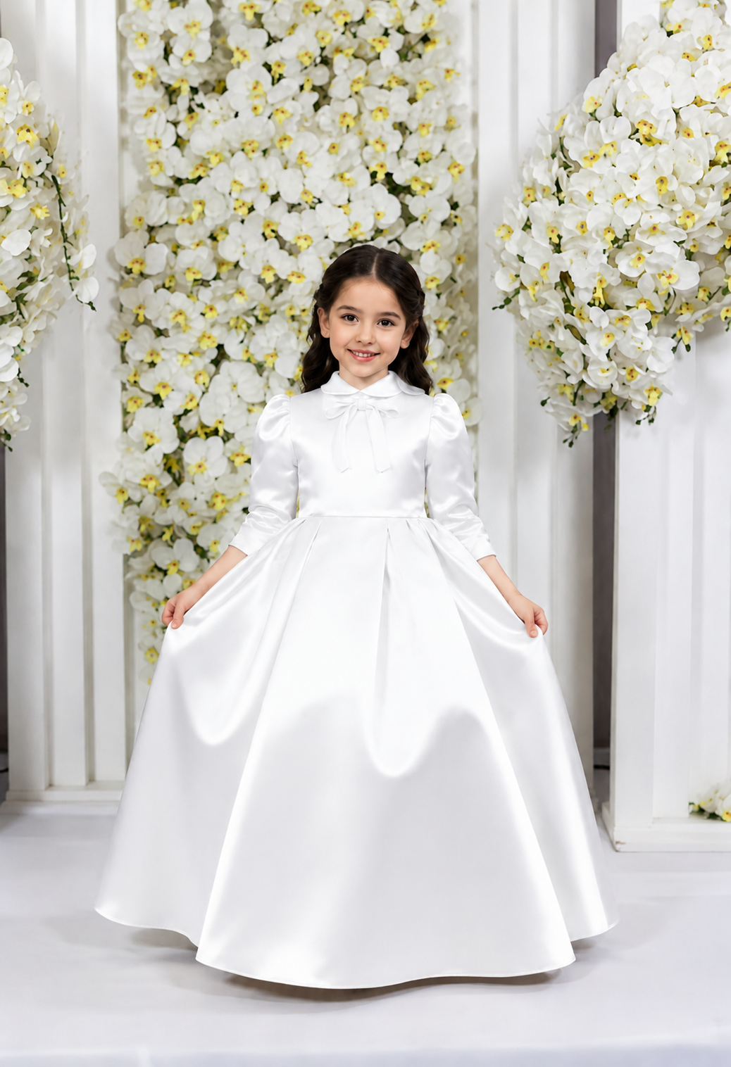 TinyTulle Elegant Champagne Satin Princess Flower Girl Dress with Bow Back
