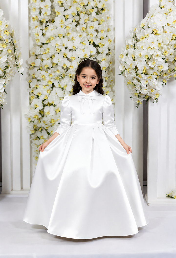 TinyTulle Elegant Champagne Satin Princess Flower Girl Dress with Bow Back