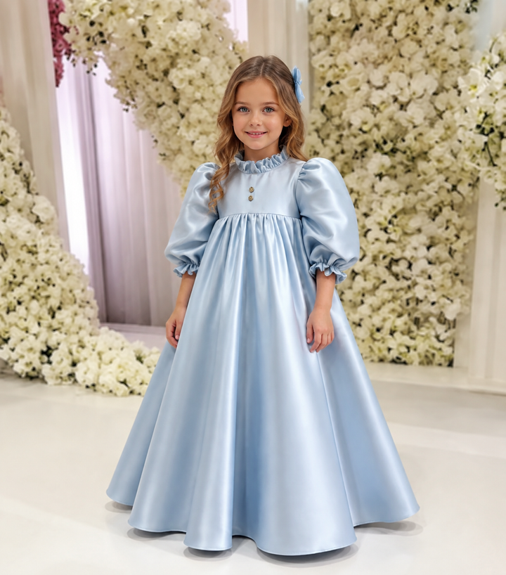 TinyTulle Elegant Baby Blue Satin High Waist Princess Flower Girl Dress with Puff Sleeves
